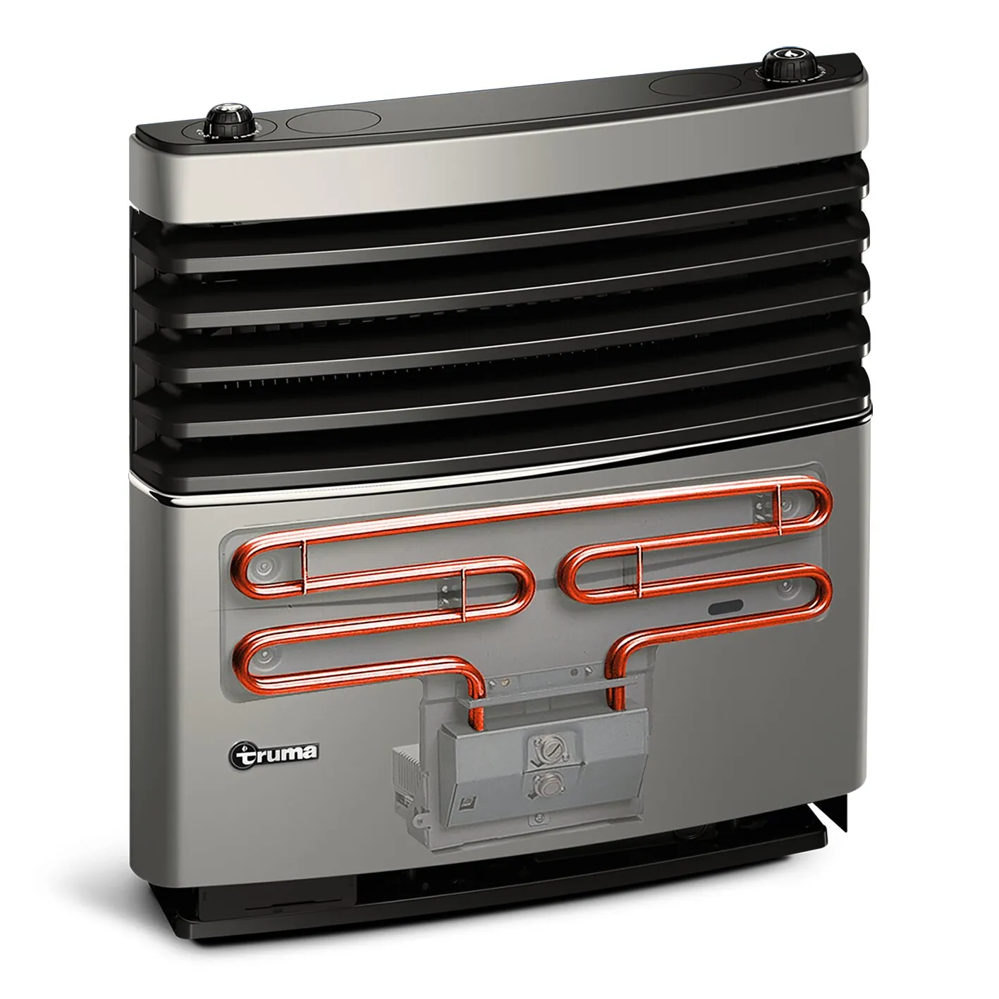 Truma Ultraheat Elektro-Zusatzheizung in Schwarz und Silber mit sichtbaren Heizwendeln und zwei Bedienelementen