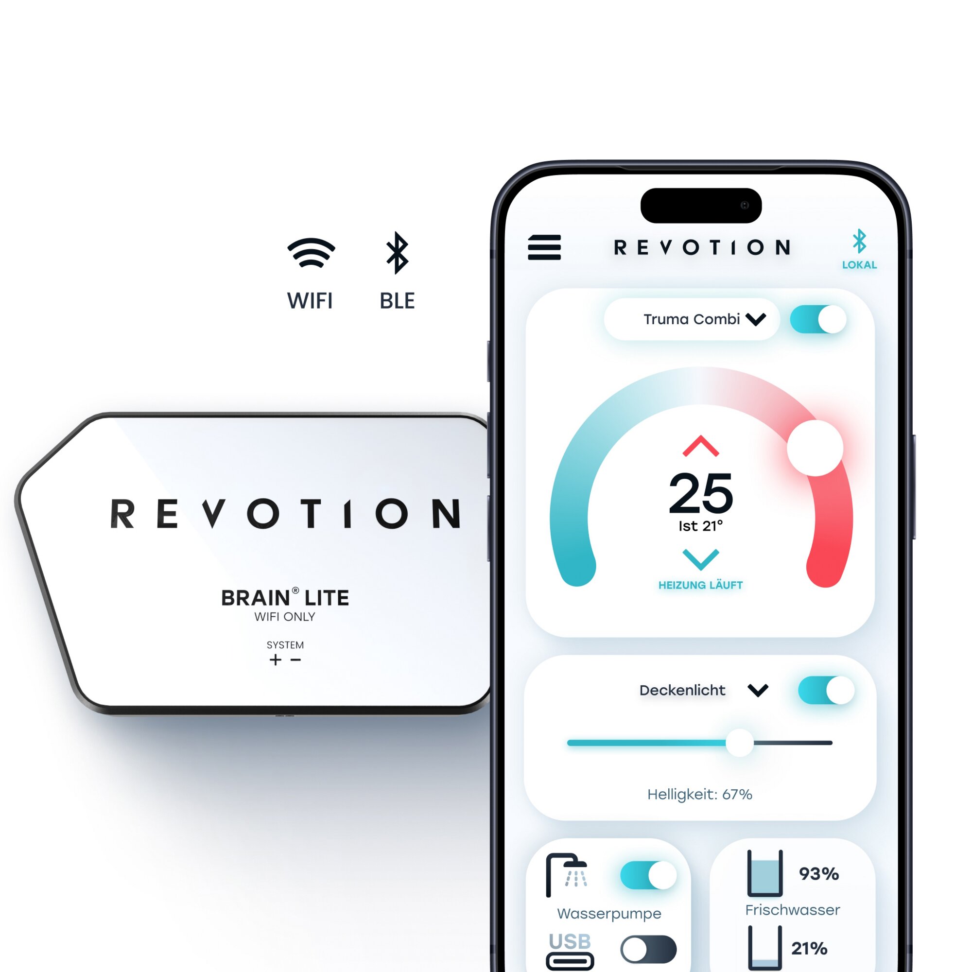 Brain Lite Steuerung von REVOTION: links WIFI- und BLE-Symbole, REVOTION-Logo mit Brain Lite Text, App-Oberfläche mit farbigen Kreisen