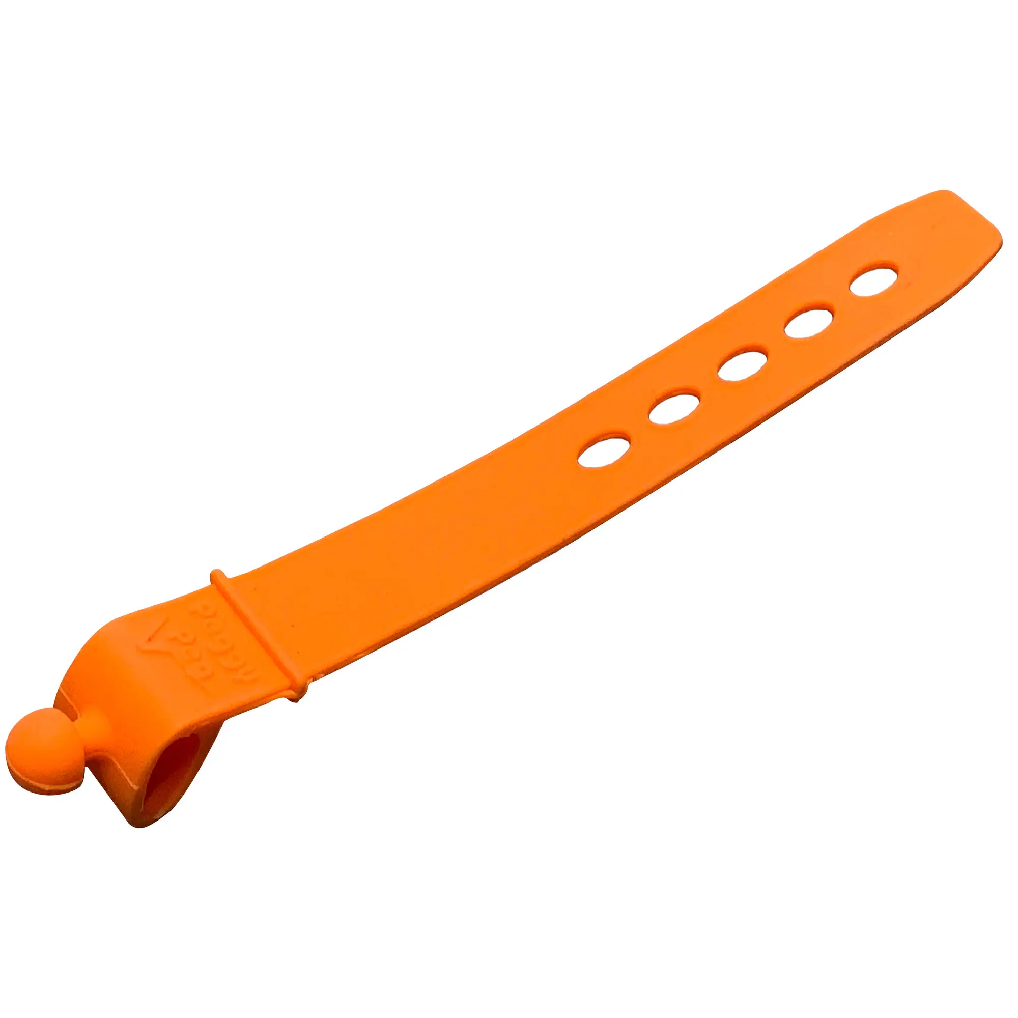 Orangefarbenes PP-Silikonarmband mit regelmäßig angeordneten Löchern, abgerundetem Endstück und sichtbarer Bandkante Nahaufnahme