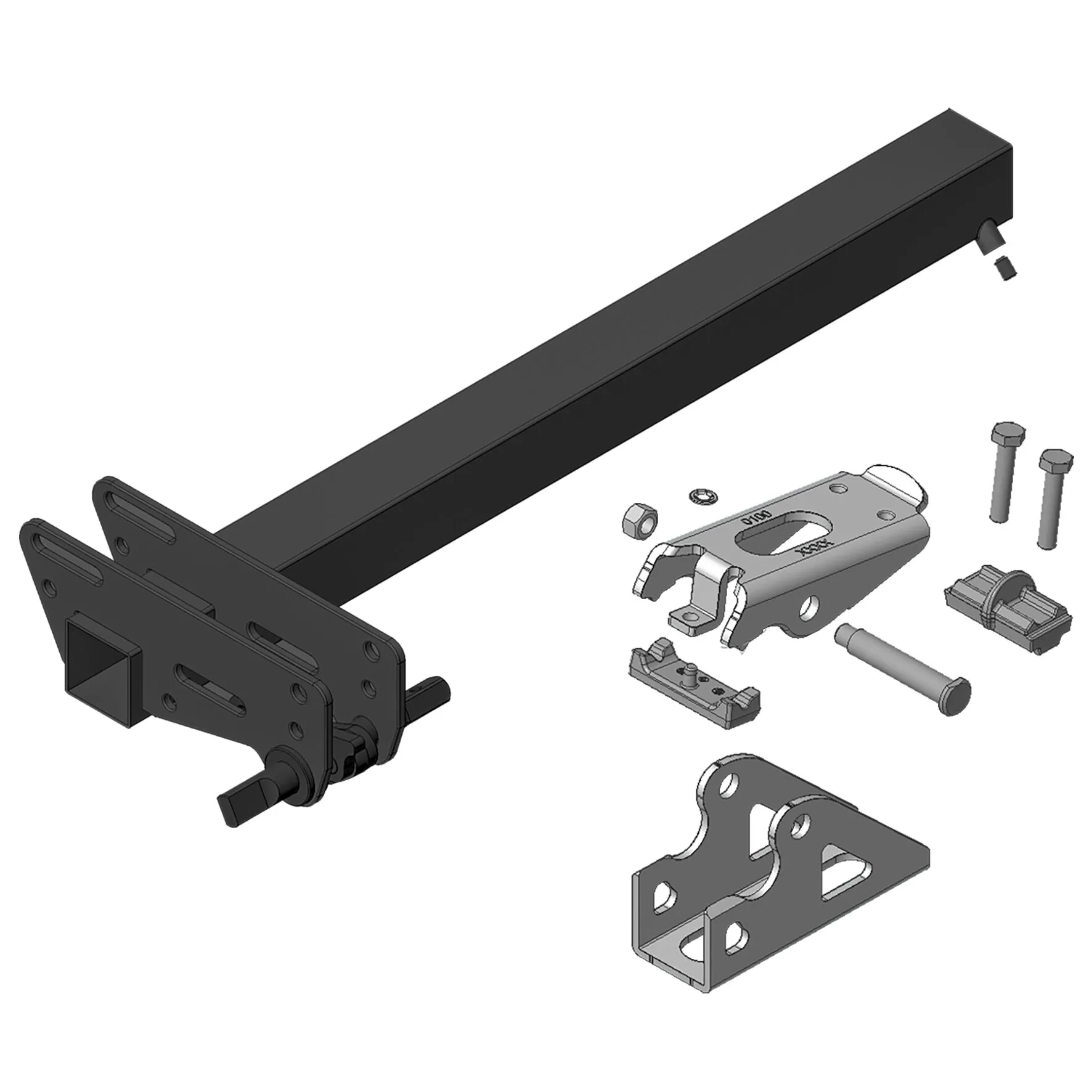 Trägerset A aus schwarzen Metallhalterungen mit langem Träger, Montageplatten, Befestigungsbügeln und separaten Schrauben unerquicklich