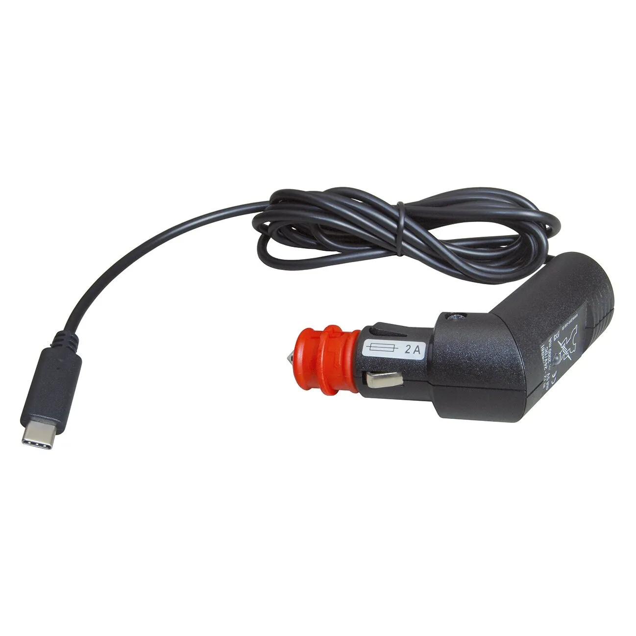 Schwarzes USB-C-Ladekabel mit langem Kabel und 12-Volt-Autostecker inklusive 2-A-Sicherung