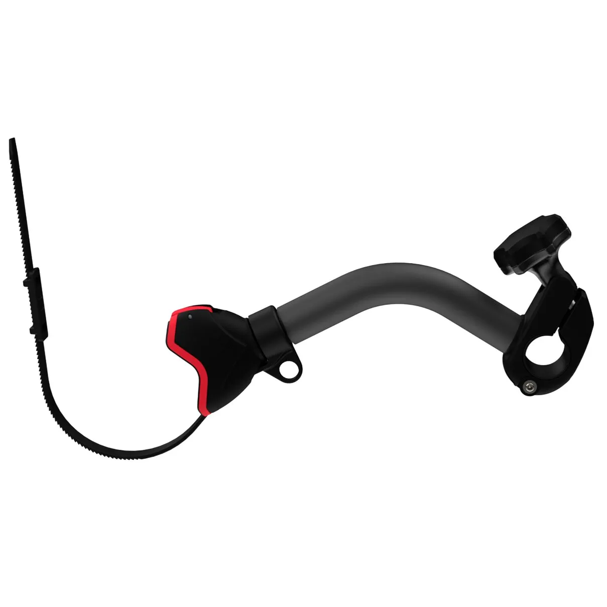 Bike-Block Pro S Deep Black gebogener Halterarm mit verstellbarer Klemme rechts, Ringhalterung und langem gezacktem Befestigungsband links