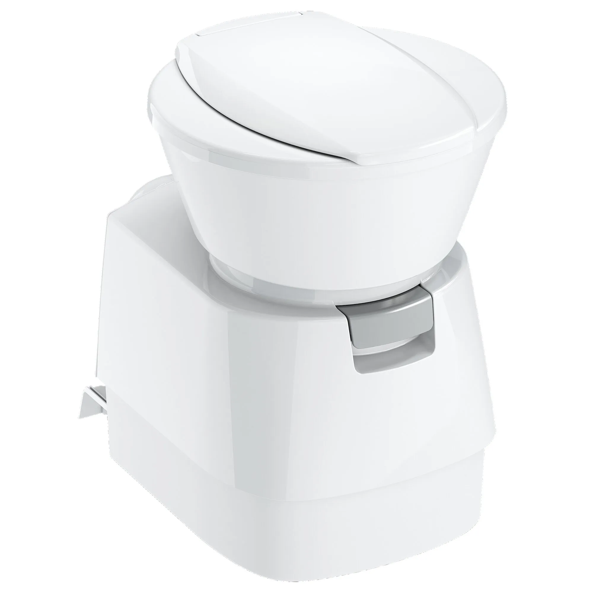 Weißes Cassettentoilette CT 4000 mit Konsole, Deckel geschlossen, glänzendem Kunststoff und grauem Frontteil, Bedienelement sichtbar