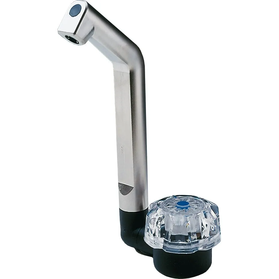 Silberner Wasserhahn De Luxe mit gebogenem Auslauf und transparentem Drehgriff auf schwarzem Sockel