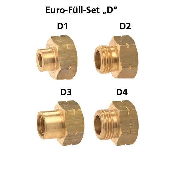 Euro-Füll-Set „D“ mit vier goldfarbenen Messing-Gasflaschenadaptern D1 bis D4 mit Innen- oder Außengewinde