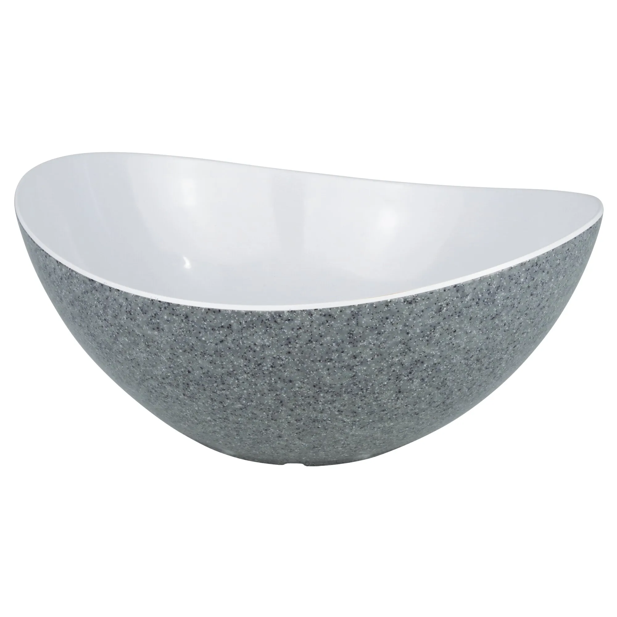 Granitgraue Salatschüssel mit gesprenkelter Außenseite, weißem Innenraum und ovaler Form in schräger Seitenansicht