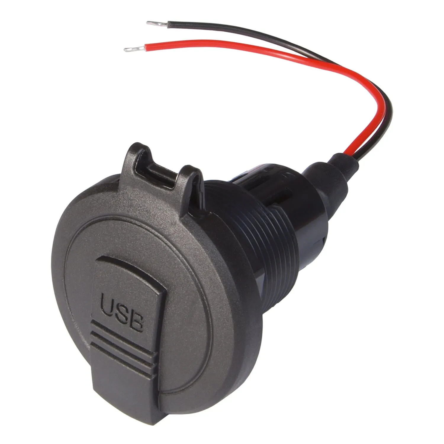 Schwarze Power-Doppelsteckdose mit USB-Abdeckung, geriffeltem Gehäuse und roten sowie schwarzen Anschlusskabeln