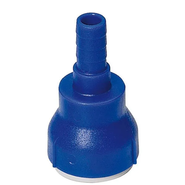 Blauer Tüllenverbinder mit geripptem 10-mm-Anschluss und rundem Gehäuse mit silbernem Metallring
