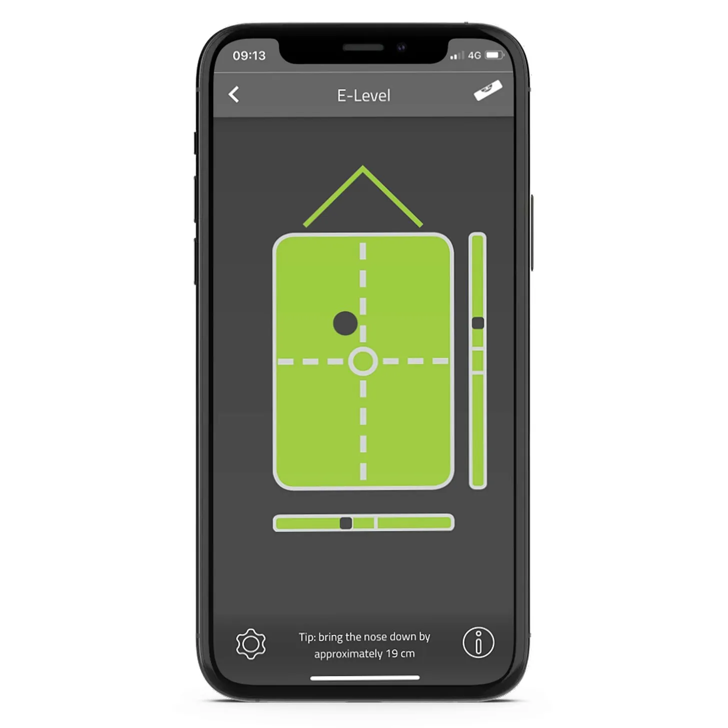 Smartphone mit E-Trailer-App E-Level zur Ausrichtung eines Wohnwagens, inklusive Neigungsanzeige und Hinweis zum Absenken der Deichsel