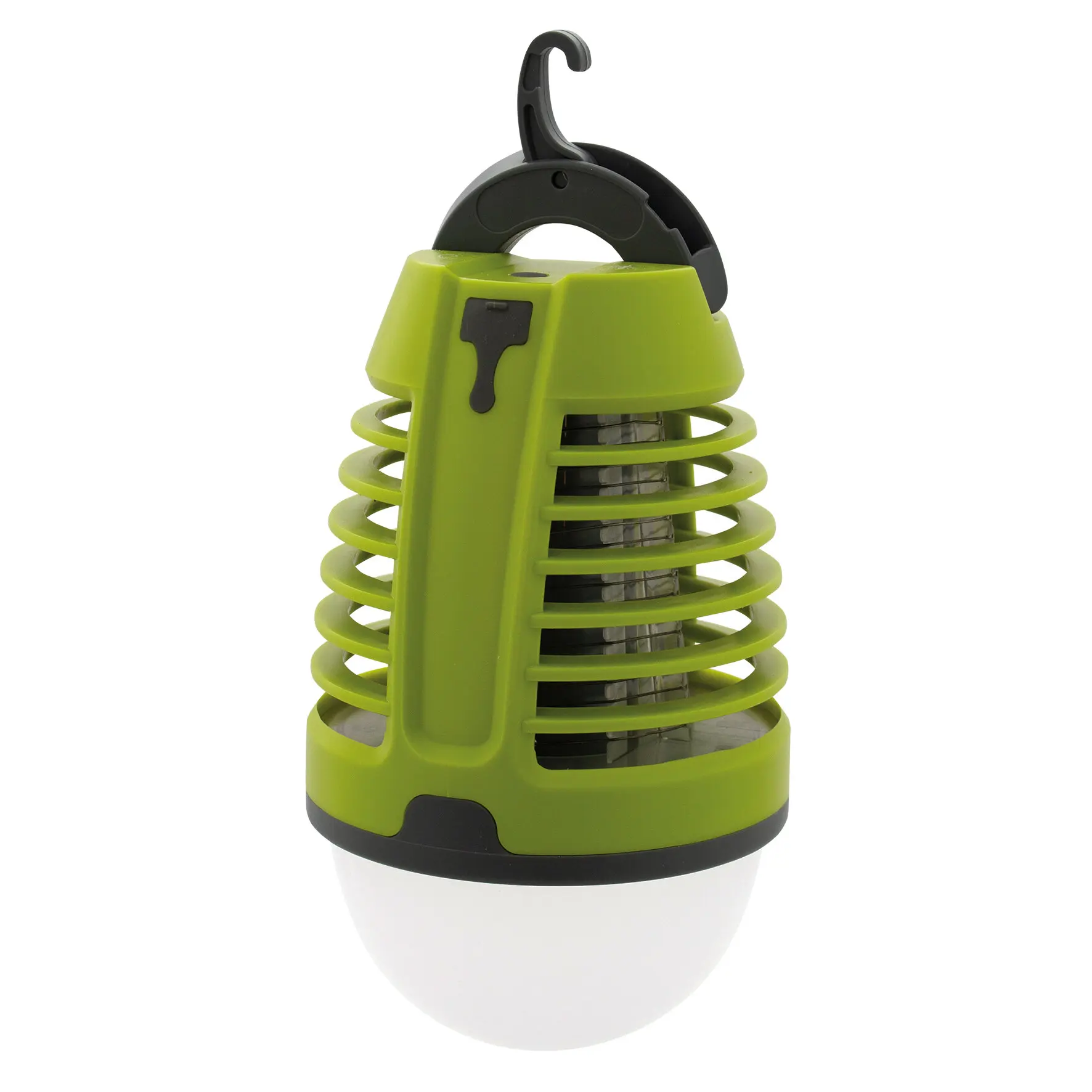 Detailaufnahme einer grünen Insektenlampe mit spiralförmiger Schutzspirale, helles Gehäuse und Aufhängehaken, sichtbares Leuchtmittel