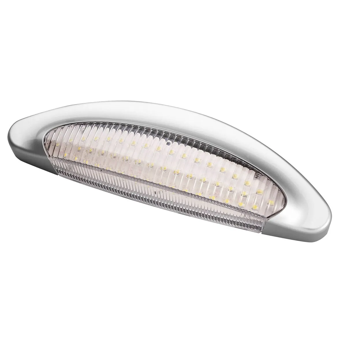 Silberne, längliche Vorzeltleuchte mit transparent geriffelter Abdeckung und mehreren sichtbaren LED-Leuchtmitteln