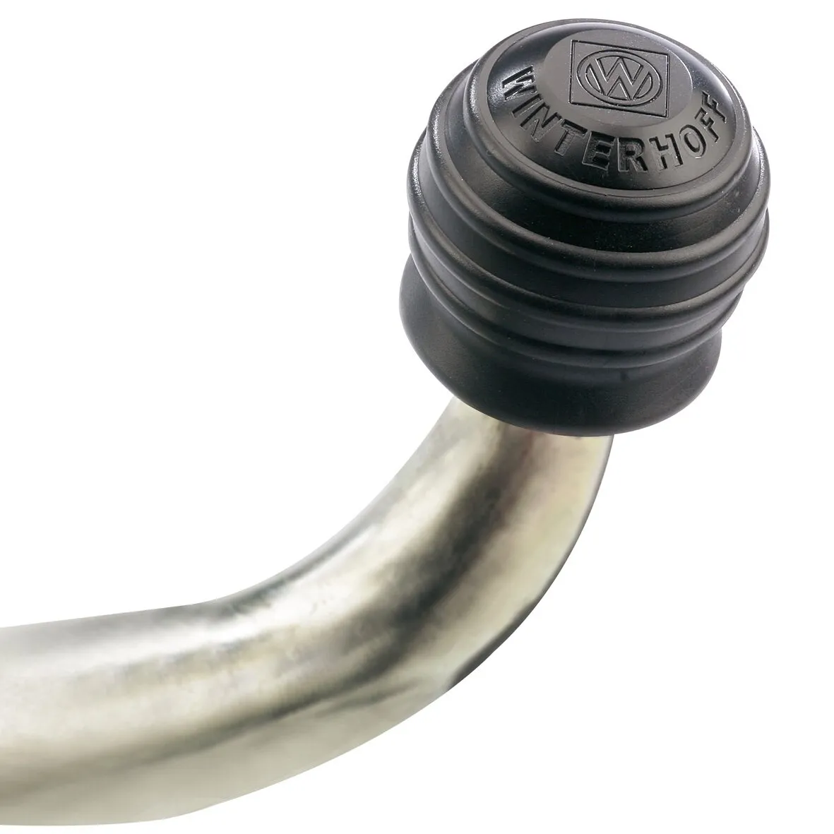 Schwarze Schutzkappe mit WINTERHOFF-Prägung auf einem gebogenen Metallrohr geschniegelt