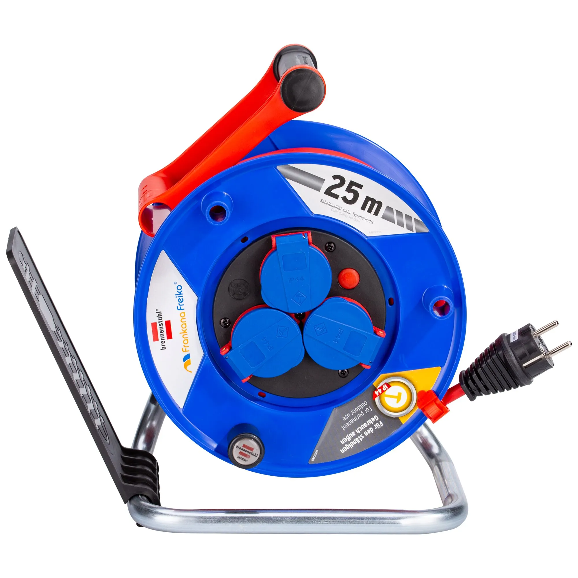 Blaue Kabeltrommel Schuko 240 mit 25 Meter Kabel, drei Steckdosen, rotem Tragegriff und Metallgestell