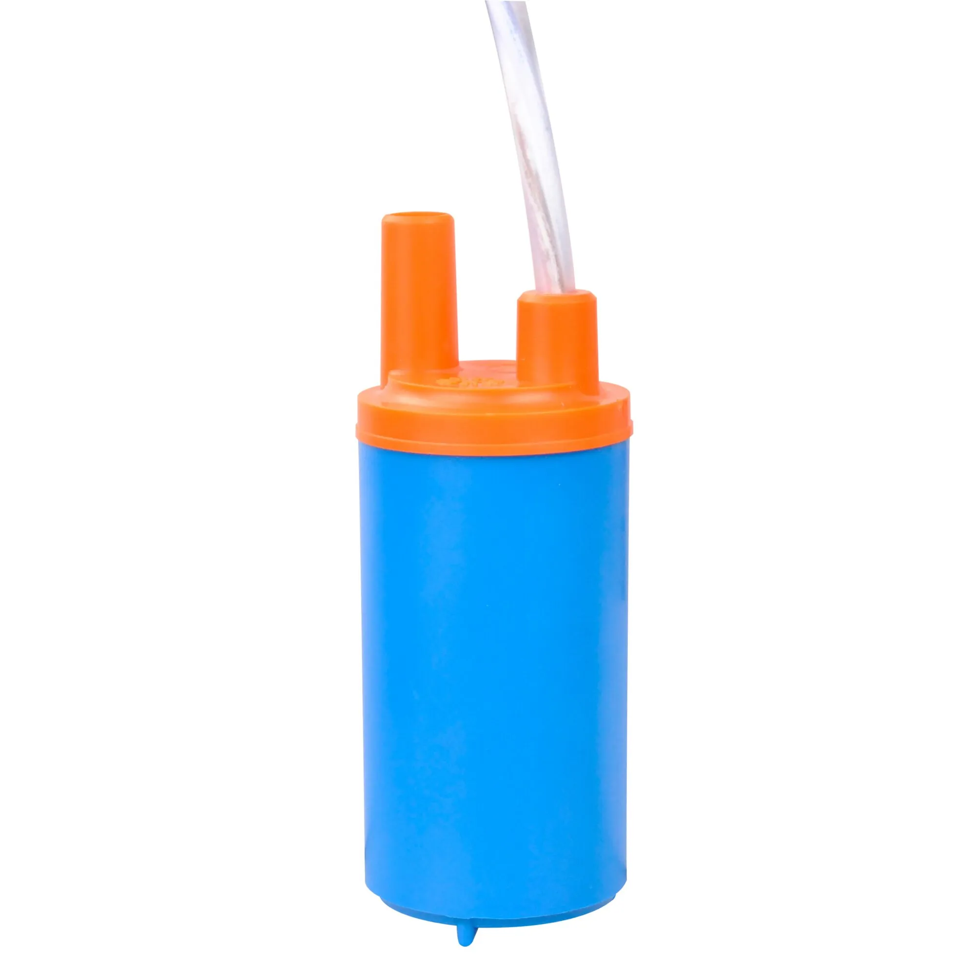 Blaue zylindrische Tauchpumpe Typ 04 mit orangefarbenem Deckel, zwei Anschlüssen und transparentem Schlauch