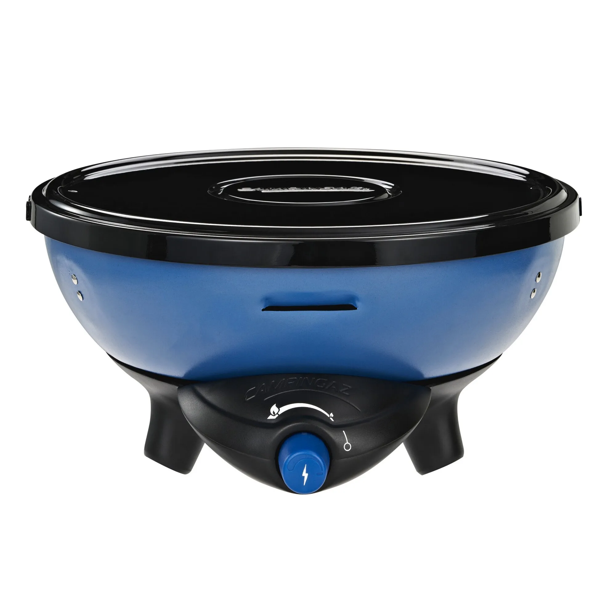Blauer, runder Camping-Gasgrill Party Grill 200 CV mit schwarzem Deckel, Standfüßen und sichtbarem Bedienknopf