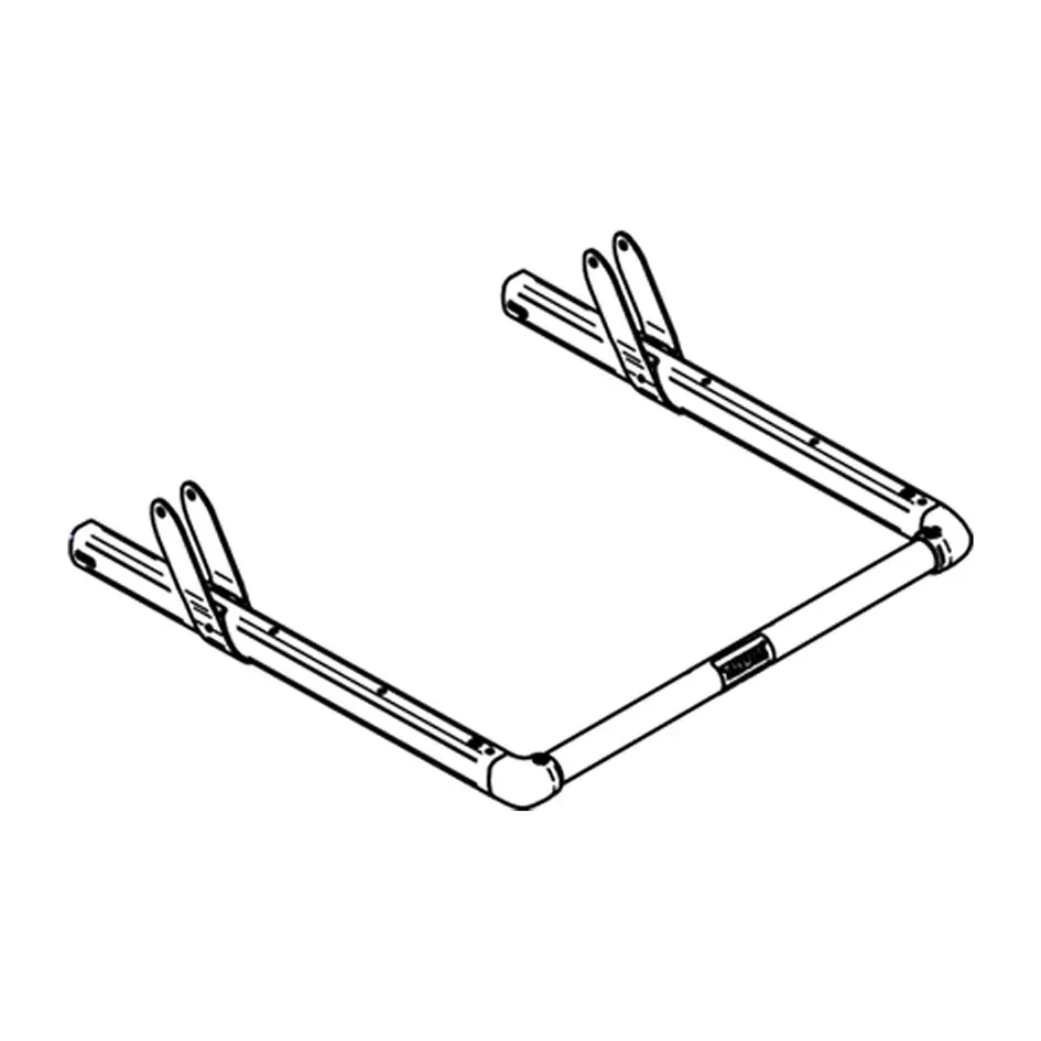 Thule Elite G2 Schienenbügel aus Metall, zwei parallel verlaufende Rohre mit jeweils zwei Halterungen an den Enden, verbindende Endstücke sichtbar