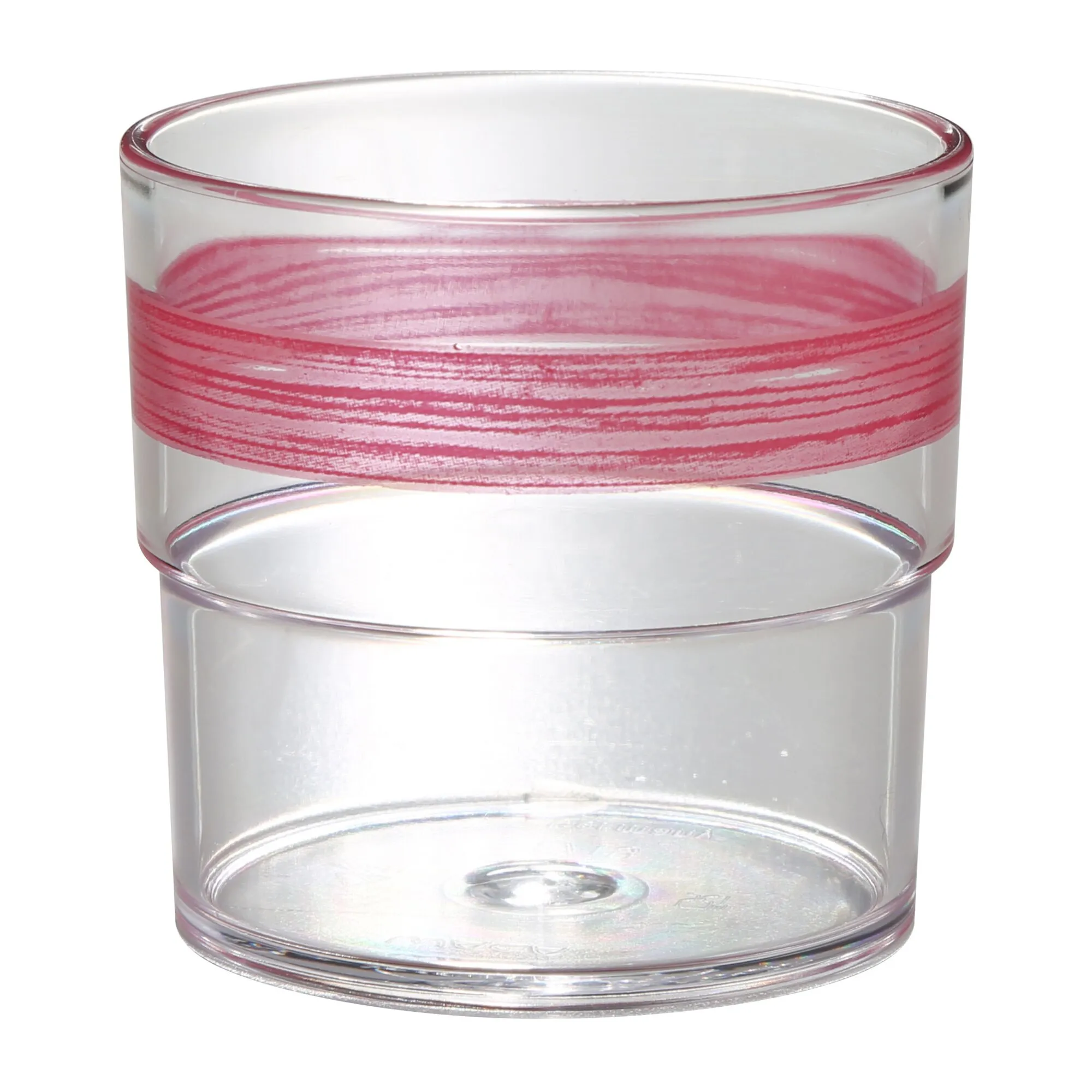 Rotes Trinkglas aus klarem Glas mit breitem, umlaufendem Pinselstrichdekor und massivem Standfuß in Frontalansicht