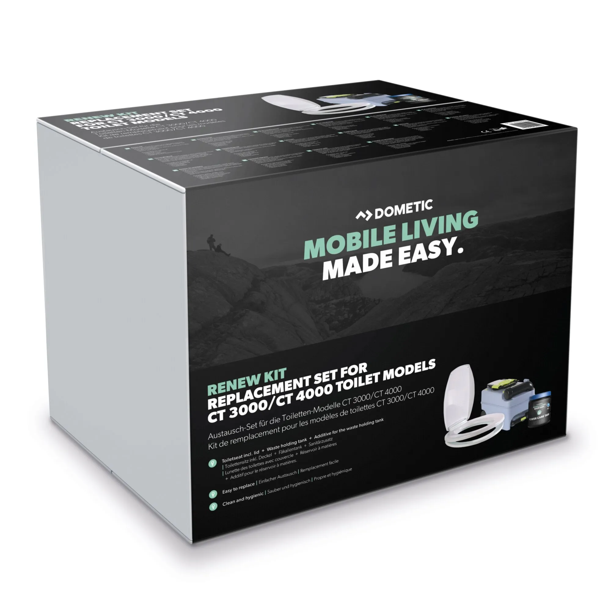 Schwarze Dometic-Verpackung des Renew Kits mit Toilettensitz, Deckel, Abwassertank und Zusatzmittel für CT 3000 und CT 4000