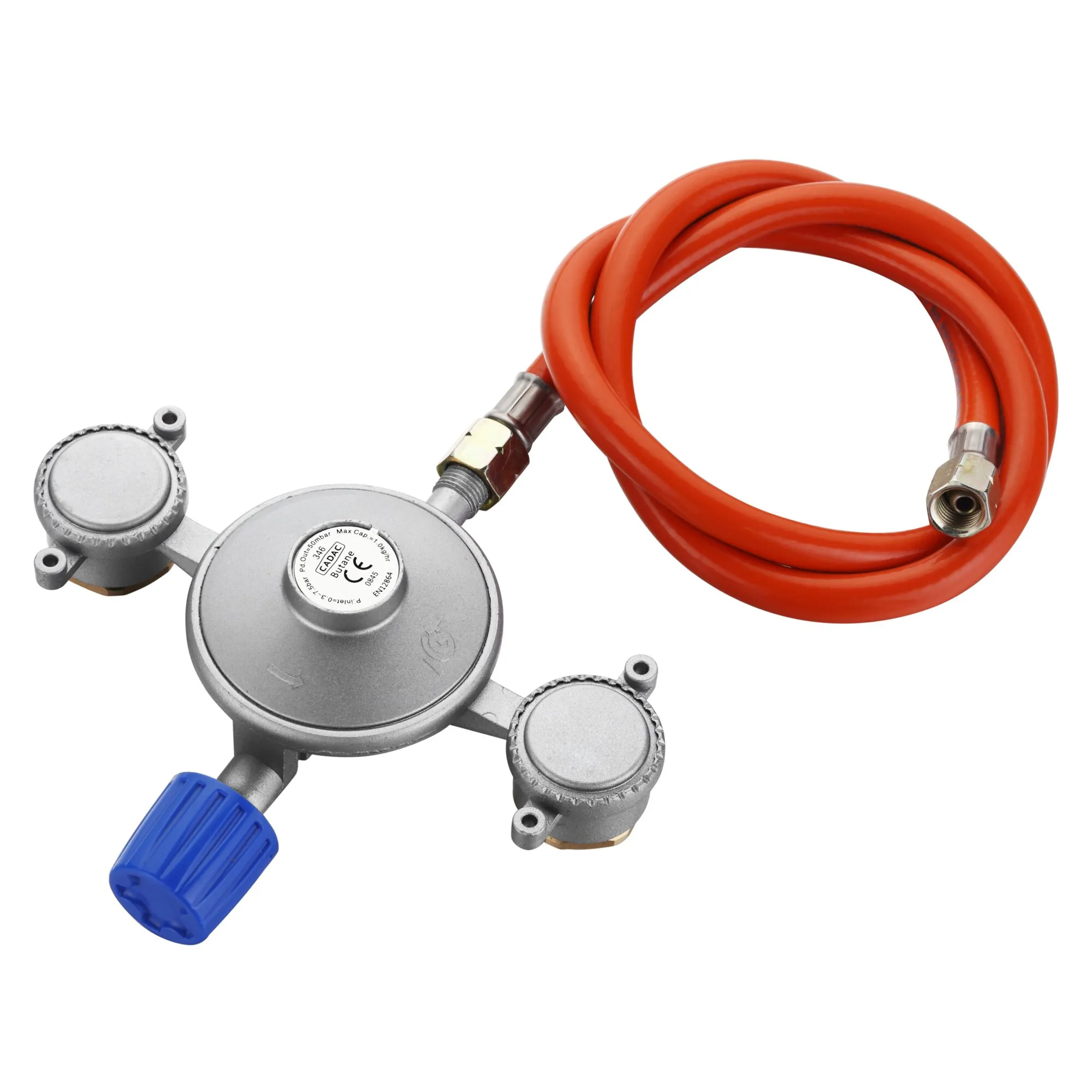 Gasversorgung Dual Power Pak mit zwei silbernen Druckreglern, blauem Drehknopf und rotem Gasschlauch für 50 mbar