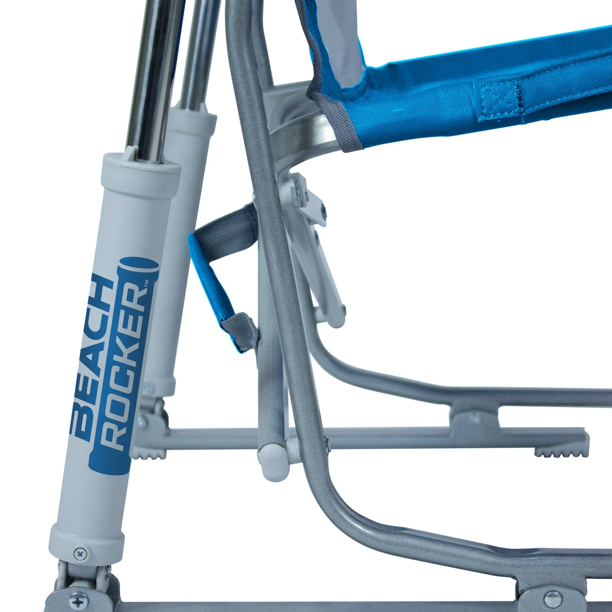 Detailaufnahme des blauen Beach Rocker™ Camping-Schaukelstuhls mit grauem Metallgestell, Gelenken und Stoffbespannung