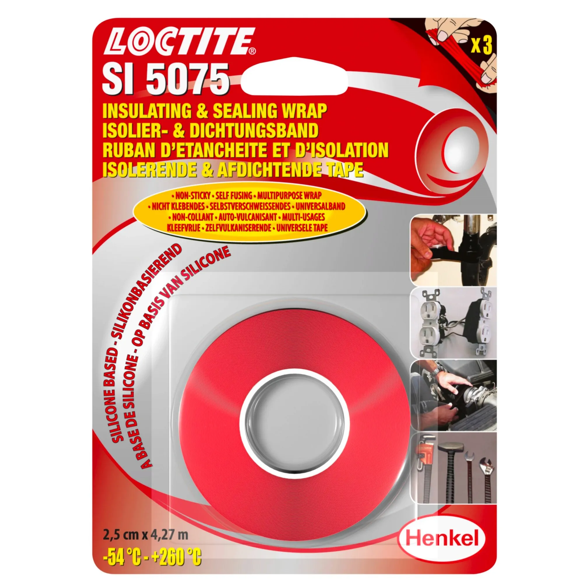 LOCTITE SI 5075 Isolier- und Dichtungsband als rote Rolle in Verpackung, selbstverschweißend, 2,5 cm x 4,27 m