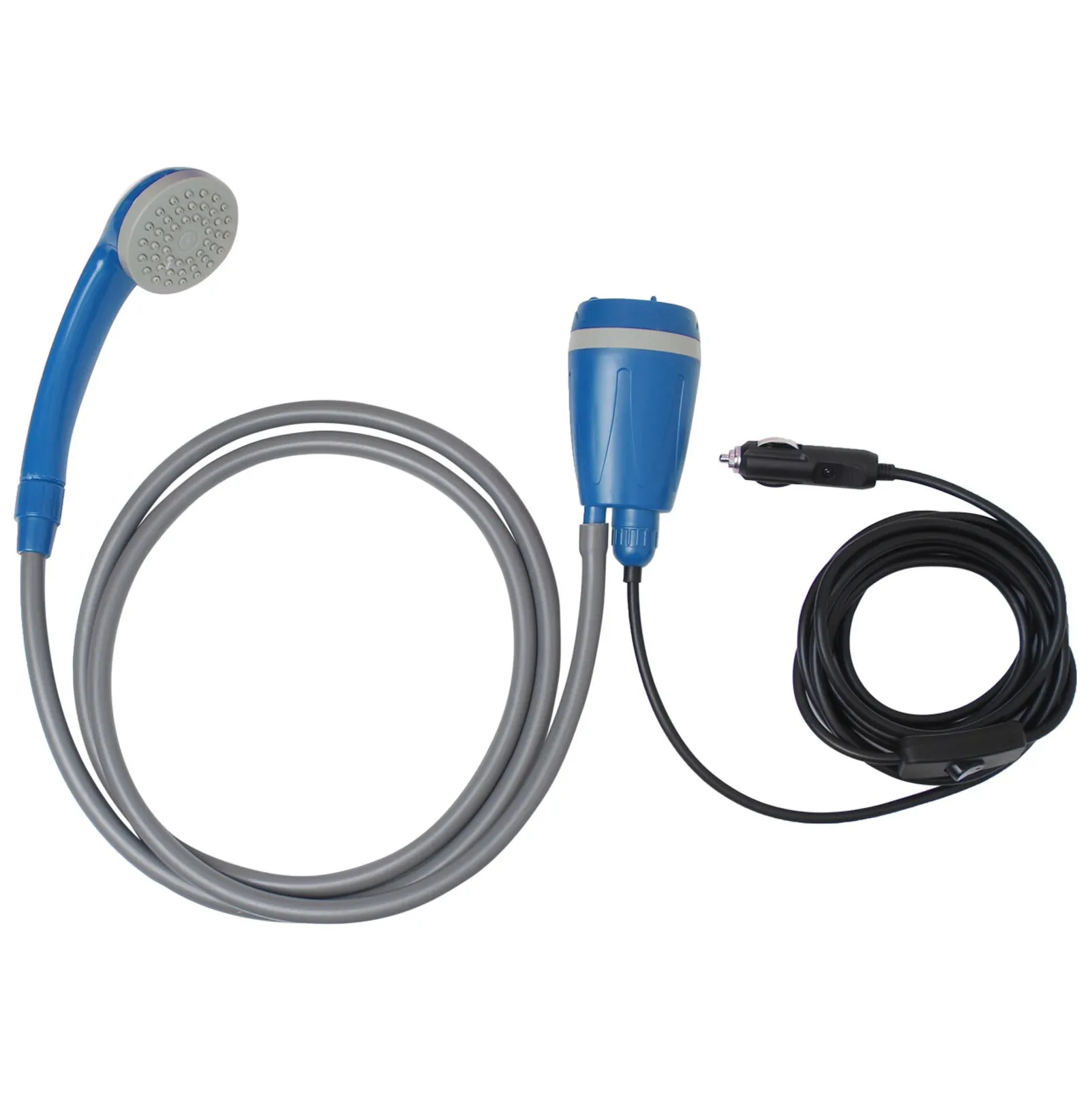 Campingdusche Aquafresh 2.0 mit blauem Duschkopf, grauem Wasserschlauch, elektrischer Pumpe und 12-Volt-Anschlusskabel