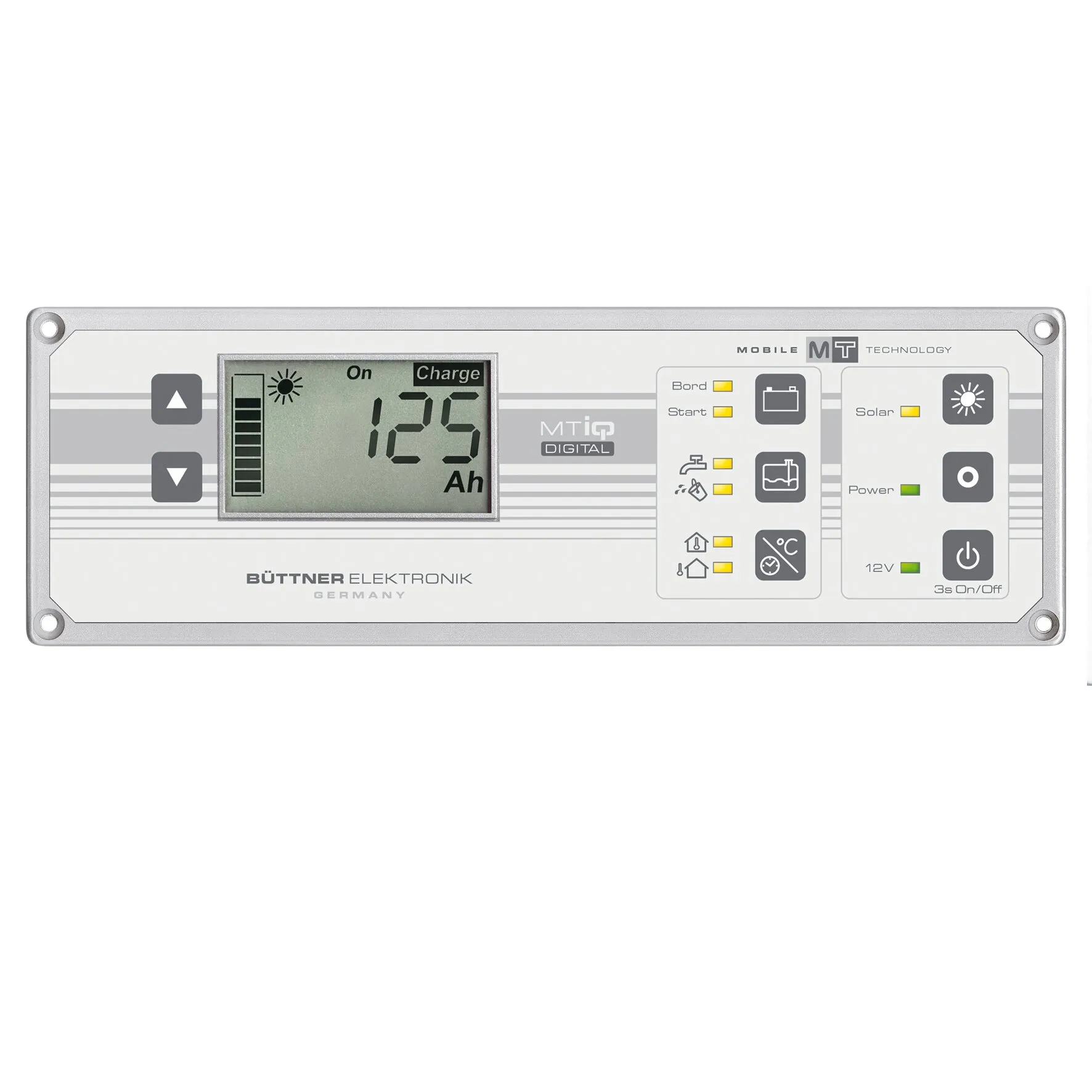 MTiQ InfoPanel Digital 200 A von Büttner Elektronik mit LCD-Anzeige, Bedientasten und Statusanzeigen für Solar und 12-Volt-Systeme