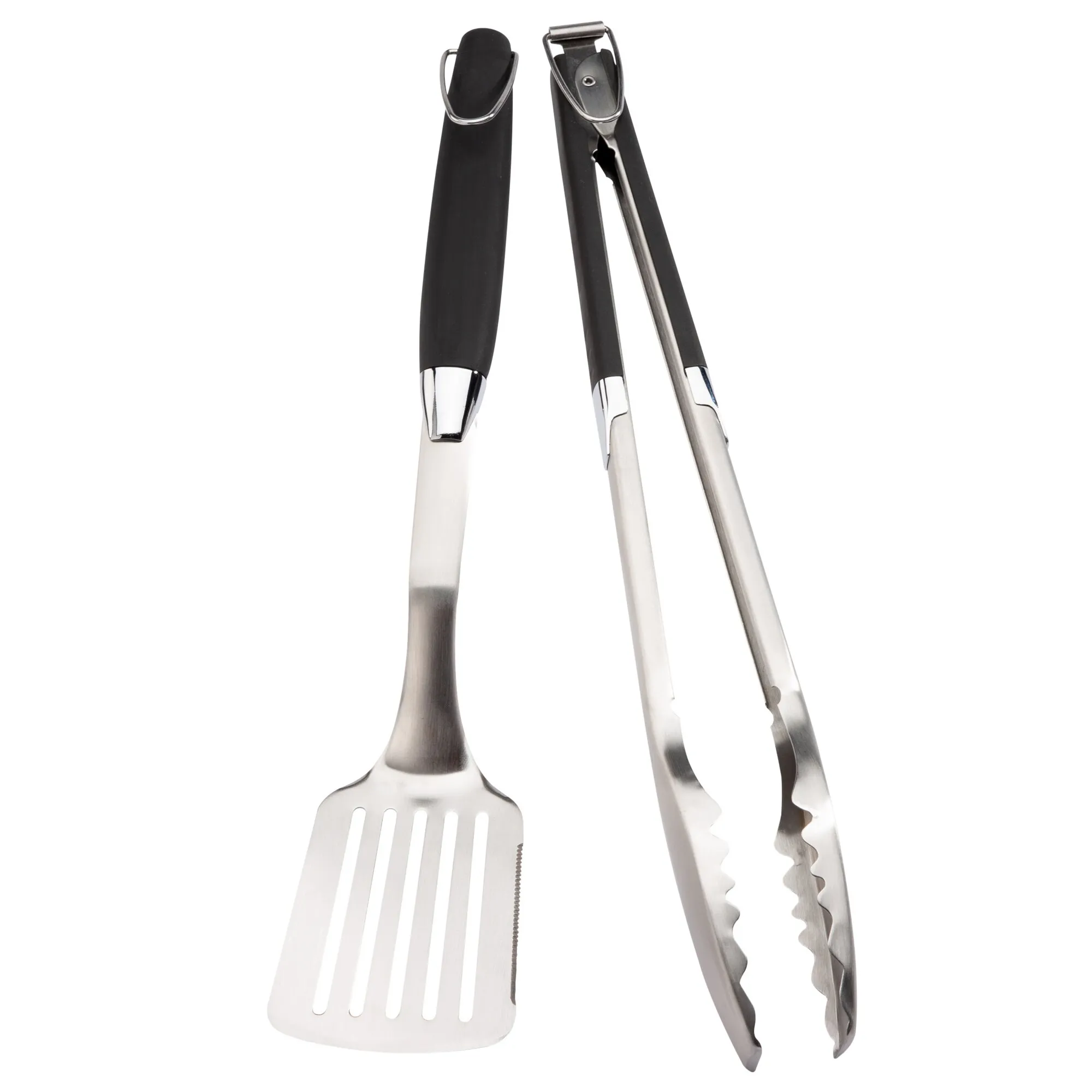 Zweiteiliges Grillbesteck aus Edelstahl mit schwarzem Griff, bestehend aus Grillzange und Grillwender