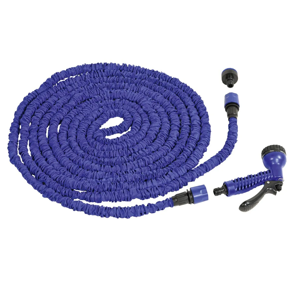 Blauer Flexschlauch als Spirale mit schwarzen und blauen Anschlüssen sowie Sprühpistole und zusätzlichem Adapter