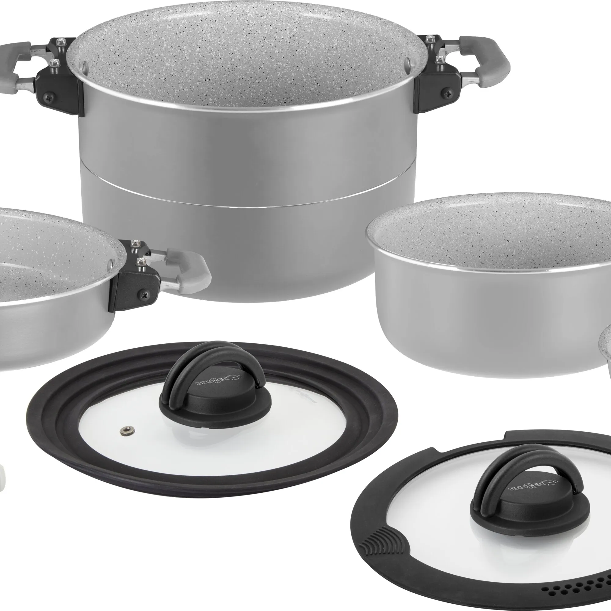 Fusion 7+1 Kochtopf-Set mit grauen Töpfen unterschiedlicher Größe, speckled Antihaft-Innenbeschichtung, Silikongriffen und Glasdeckeln
