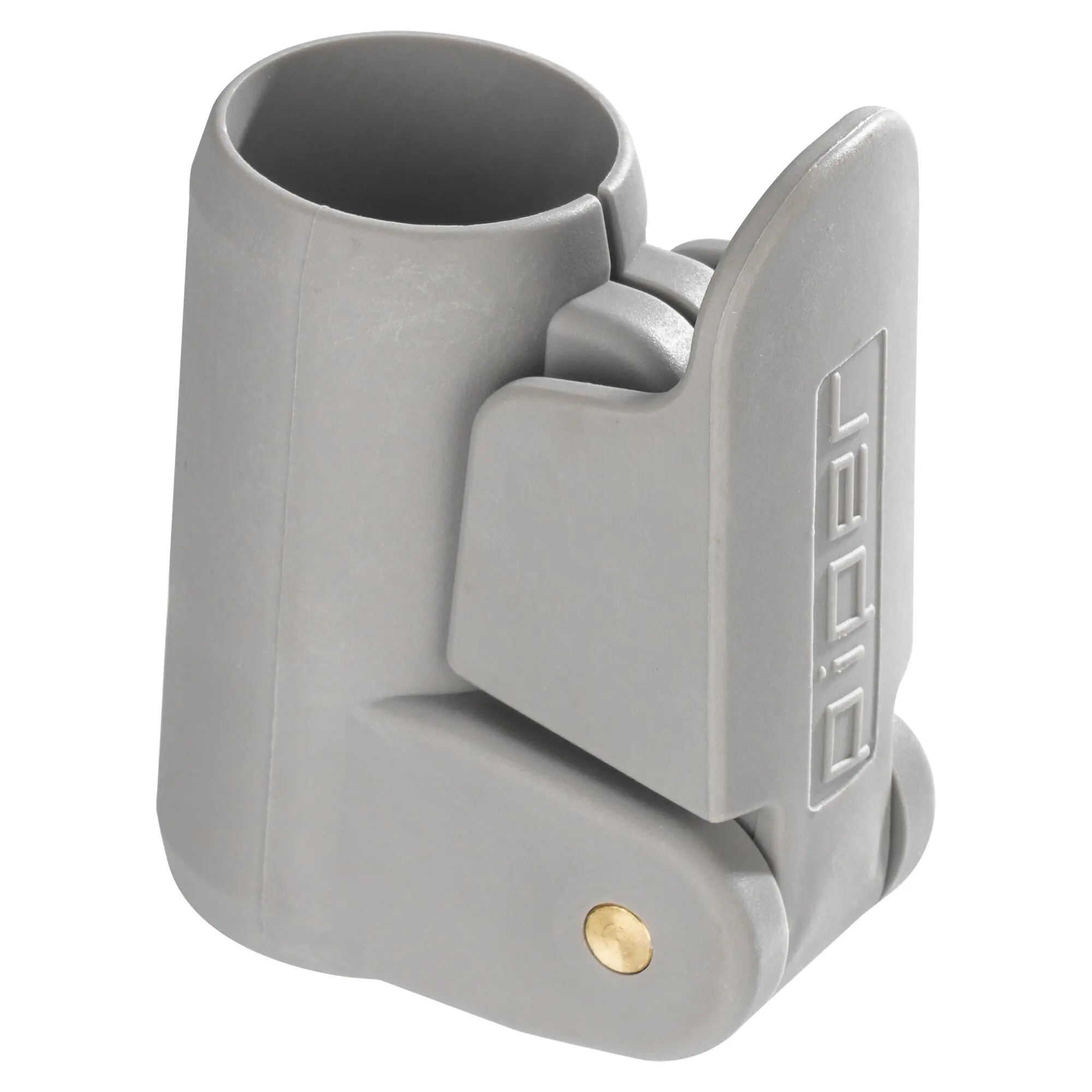 Power Grip Klemmmechanismus 22 mm aus grauem Kunststoff, Seitenansicht der runden Öffnung oben, zwei goldene Nieten sichtbar