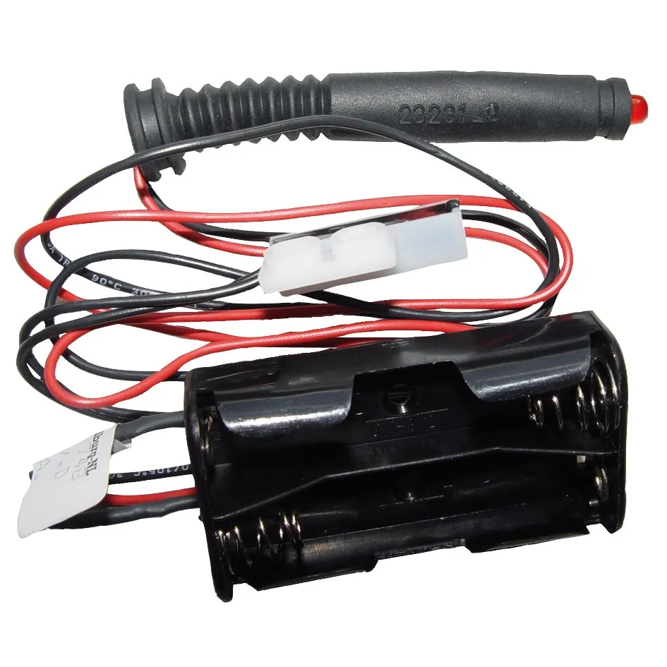Schwarzer Schalter mit roter Kontrollleuchte, Kabelsatz, weißem Steckverbinder und schwarzem Batteriehalter für vier Batterien