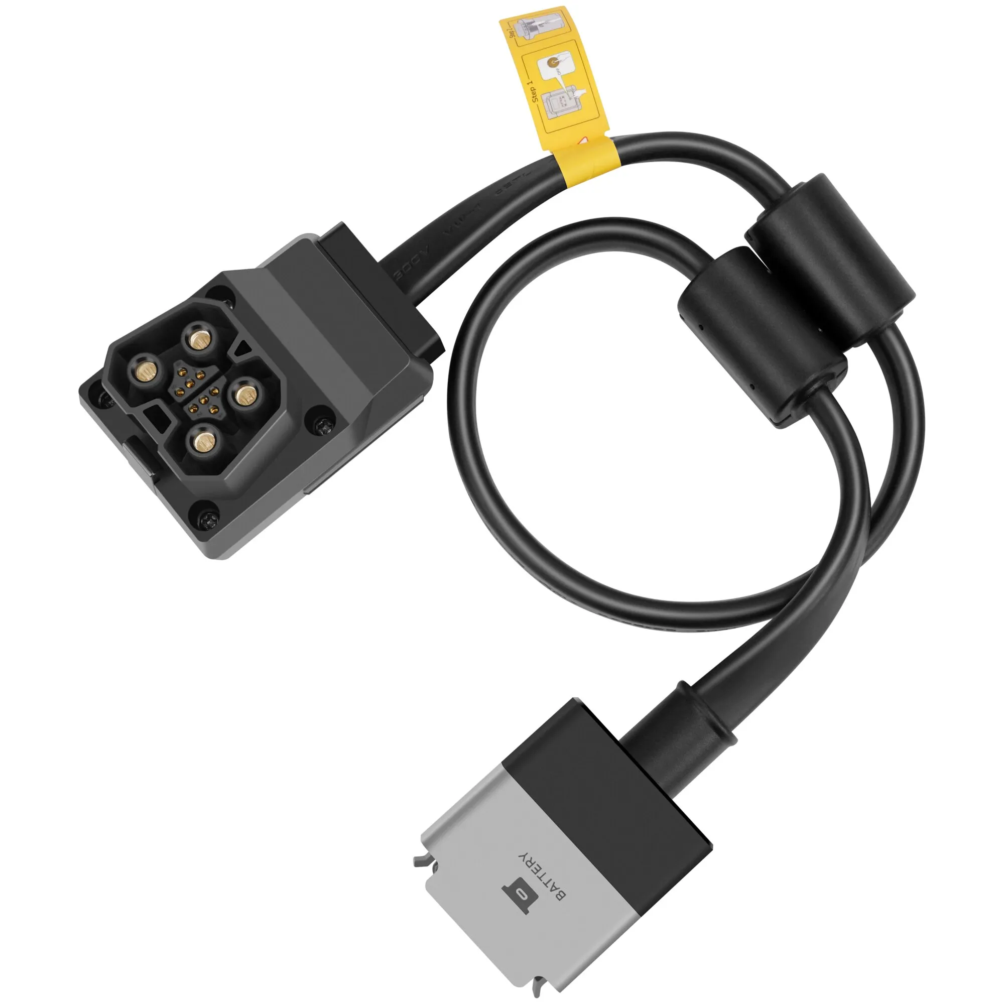 Schwarzes PowerStream-Kabel für DELTA Pro mit großem Mehrfachstecker, Batteriestecker und zwei Ferritkernen