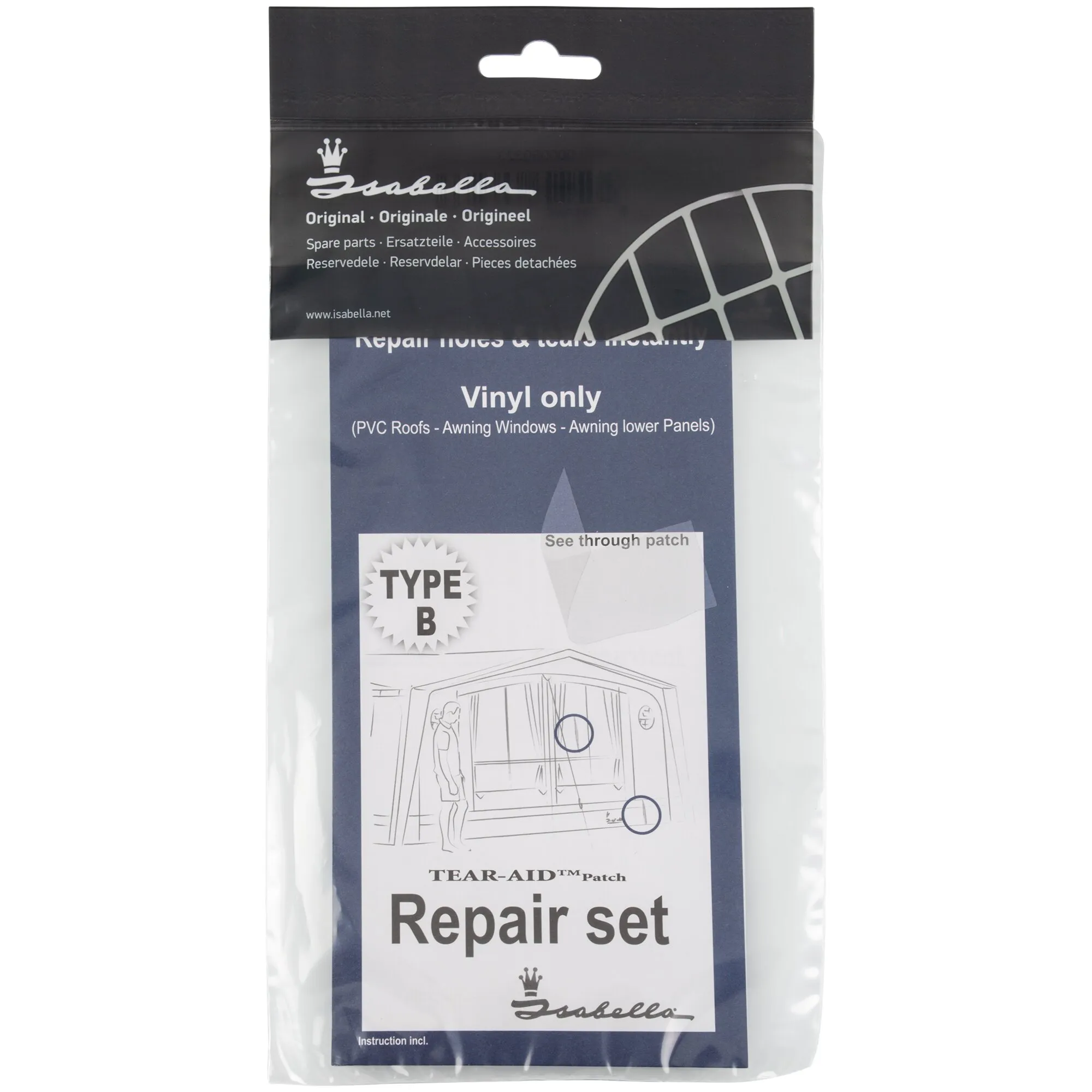 Reparaturset PVC Typ B von Isabella in transparenter Verpackung für Vinylflächen, mit durchsichtigem Flicken und Anleitung in der Packung