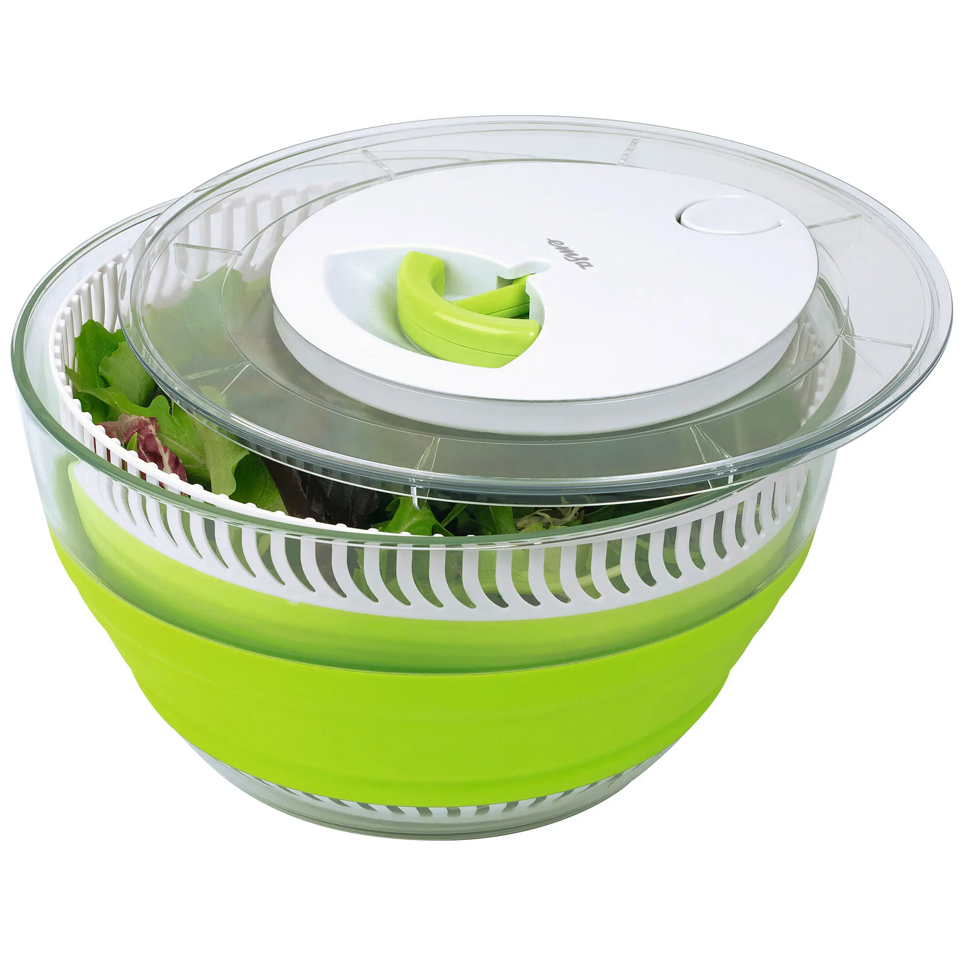 Faltbare Salatschleuder Basic mit transparentem Deckel, weißem Innenmechanismus und grünem Griff, grünem Boden, Blattgemüse im Korb
