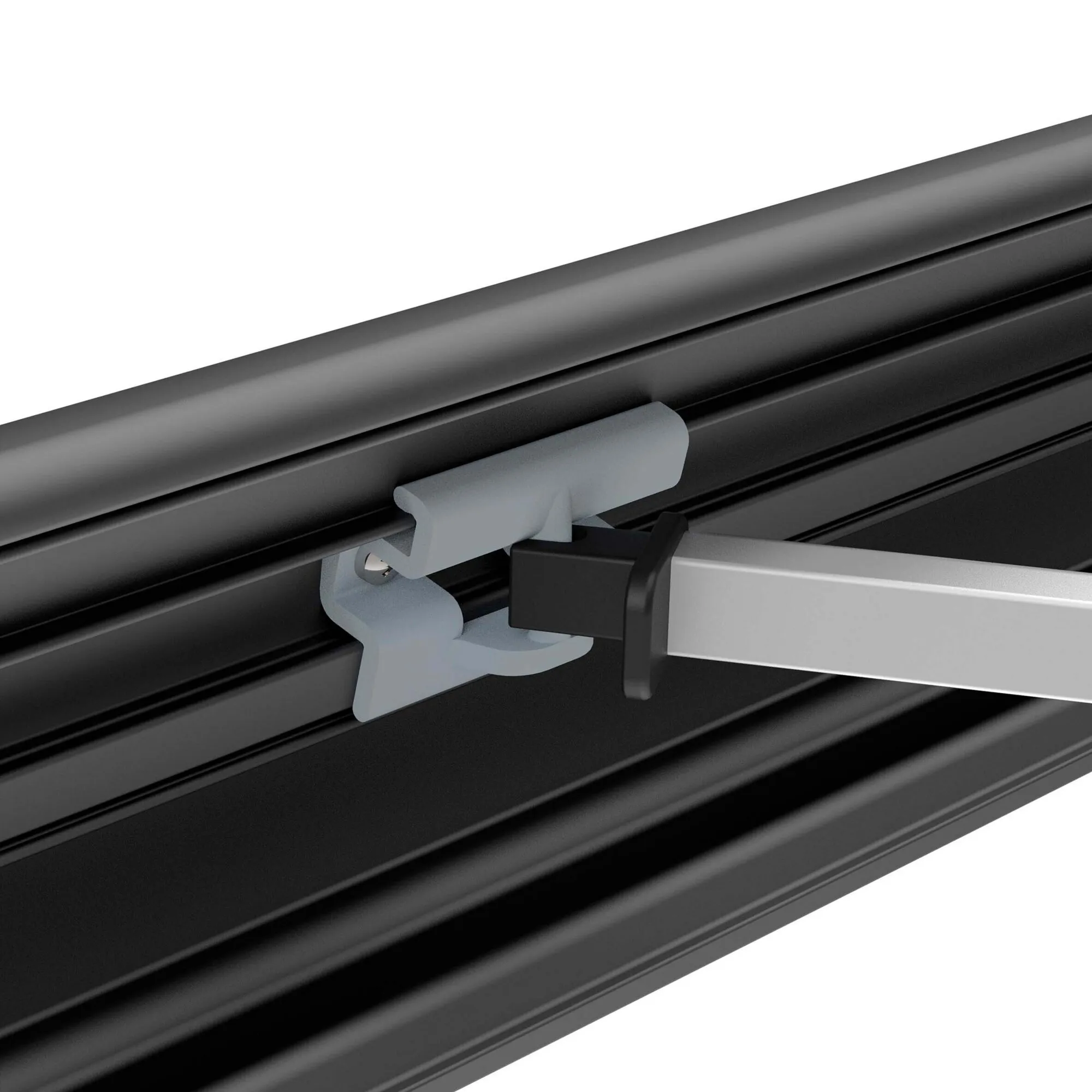 Detailaufnahme des Teleskoparms Rafter F80, L mit grauer Halterung an einer schwarzen Führungsschiene