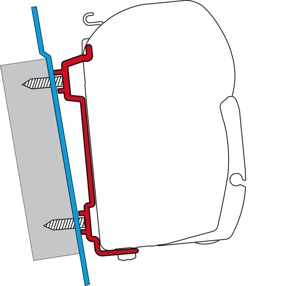 Schematische Seitenansicht eines Montagekits für Ford Transit H2/H3: rotes Befestigungsprofil an Wandplatte mit Schrauben, daneben blaue Platte