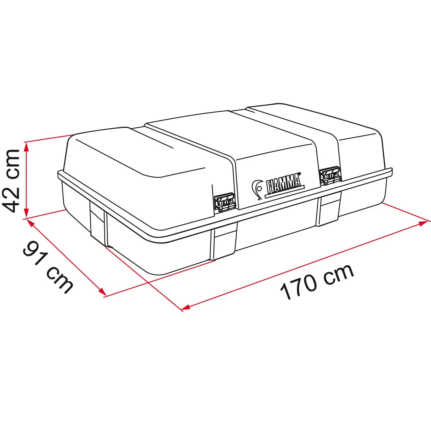 Technische Zeichnung der Dachbox Ultra Box mit 520 l Volumen und Maßen 170 × 97 × 42 cm