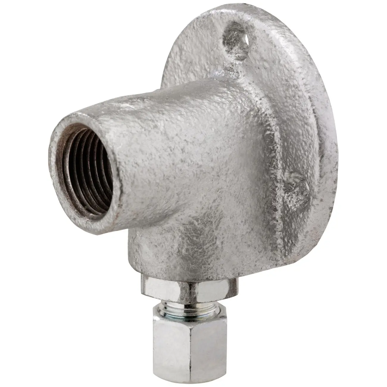 Aufputz-Anschlusswinkel mit Wandflansch aus Metall, seitlich Innengewinde Rp 1/2 sichtbar, runder Flansch mit Befestigungsloch, unten Schraubanschluss