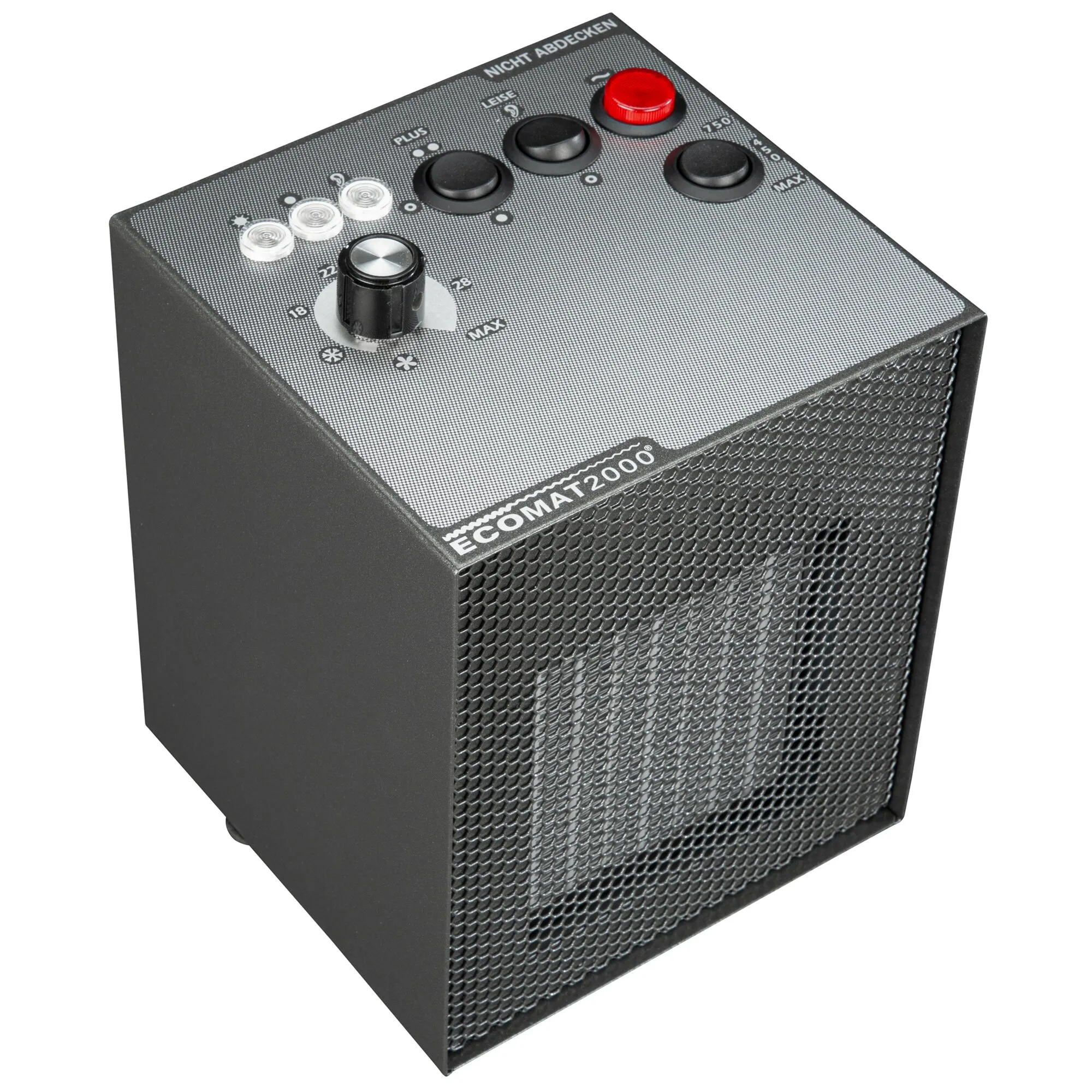 Schwarzes Heizgerät Ecomat 2000 Select mit Frontgitter und Bedienfeld mit Drehregler, Schaltern und Kontrollleuchten