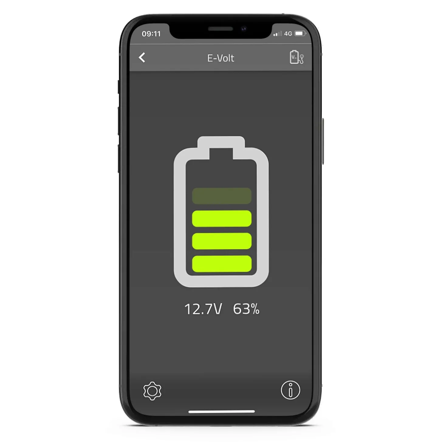 Smartphone mit E-Trailer-App zur Anzeige des E-Volt-Batteriestands: 12,7 Volt und 63 Prozent Ladung