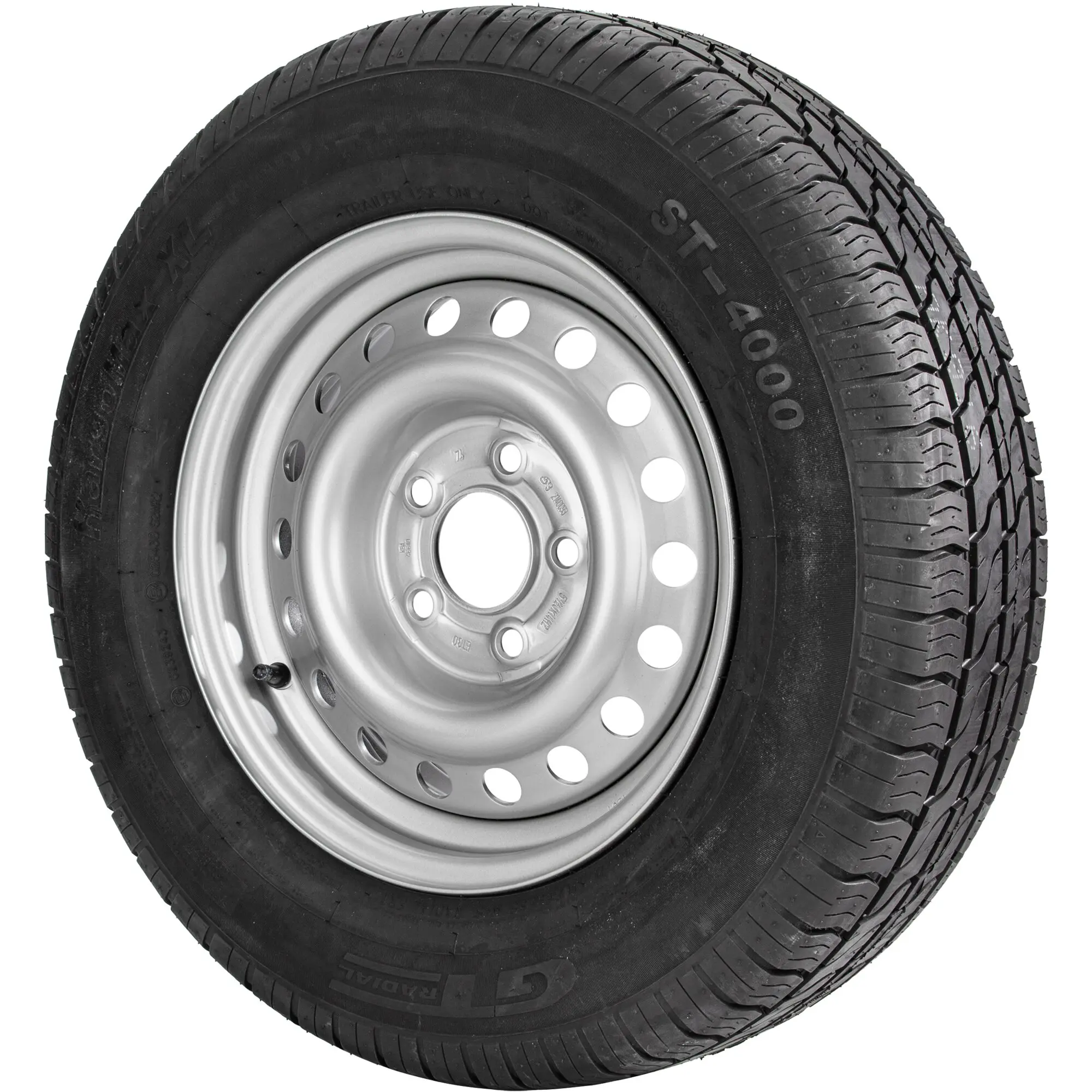 Reserverad mit schwarzem Reifen und silberner Stahlfelge, Profil 195/70 R14 XL, sichtbare Löcher der Felge