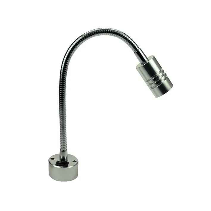 Schwanenhals-Aufbauleuchte aus Metall mit flexiblem Arm, zylindrischem LED-Leuchtenkopf und runder Montagebasis in Silbermetallic