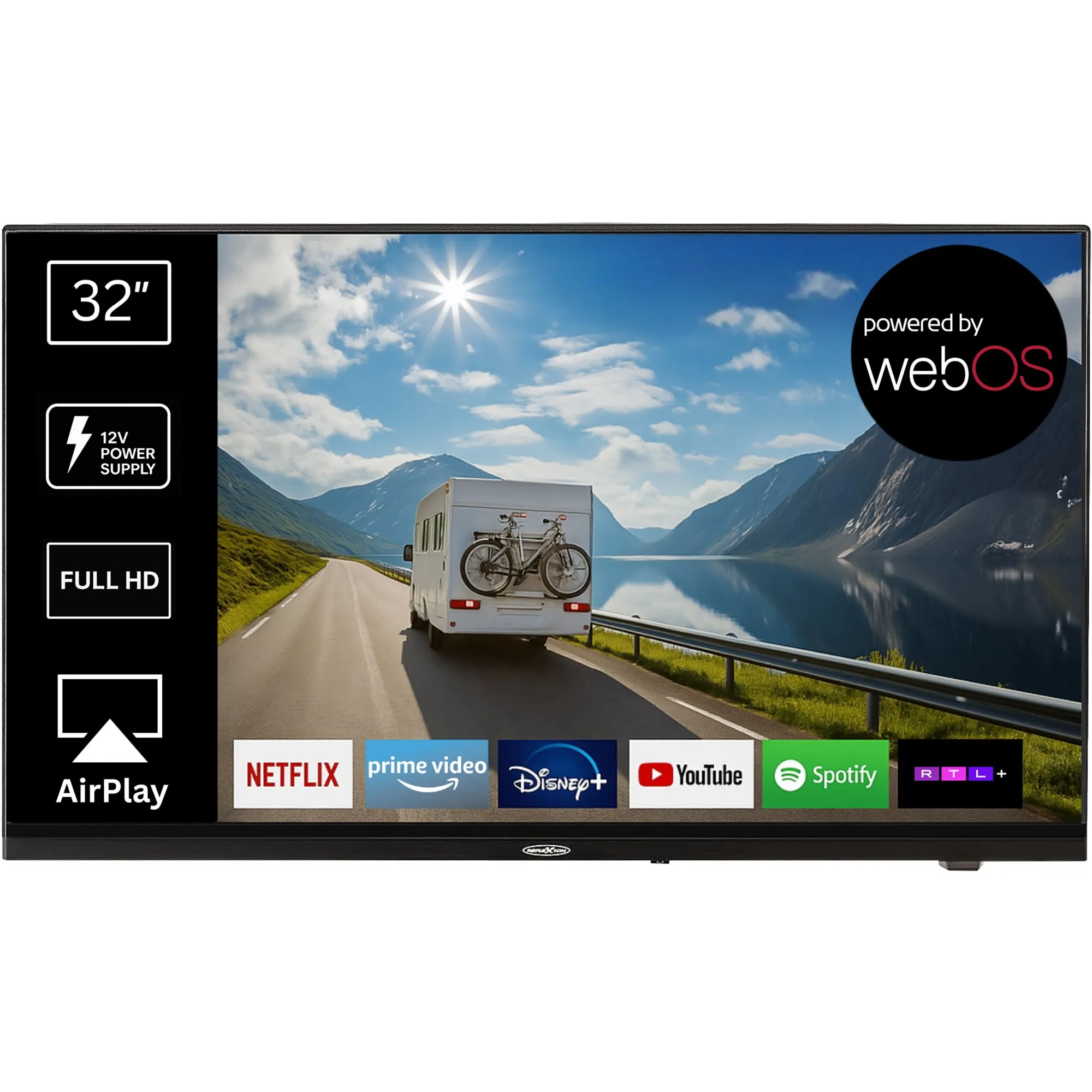 Schwarzer 32 Zoll Fernseher zeigt landschaftsbild mit Bergen und See sowie Wohnmobil; links Panel mit 32 Zoll, rechts webOS-Logo; App-Symbole