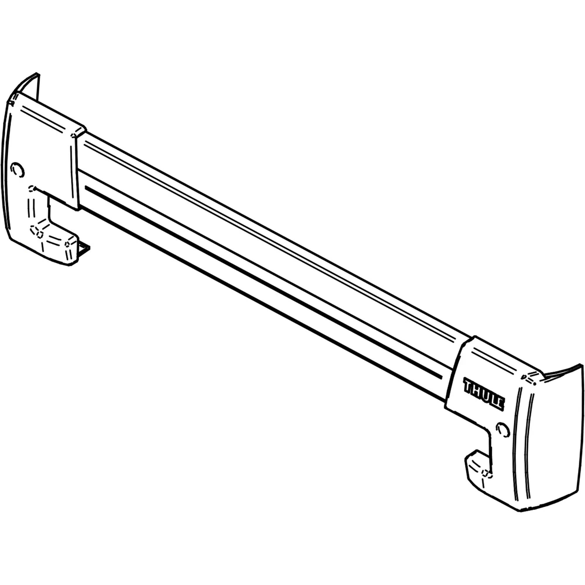 Detailreiche Linienzeichnung eines Schmutzschutzes Slide-Out G2 von Thule, längliche Führungsschiene mit rechteckigem Gehäuse am Ende und Thule-Logo