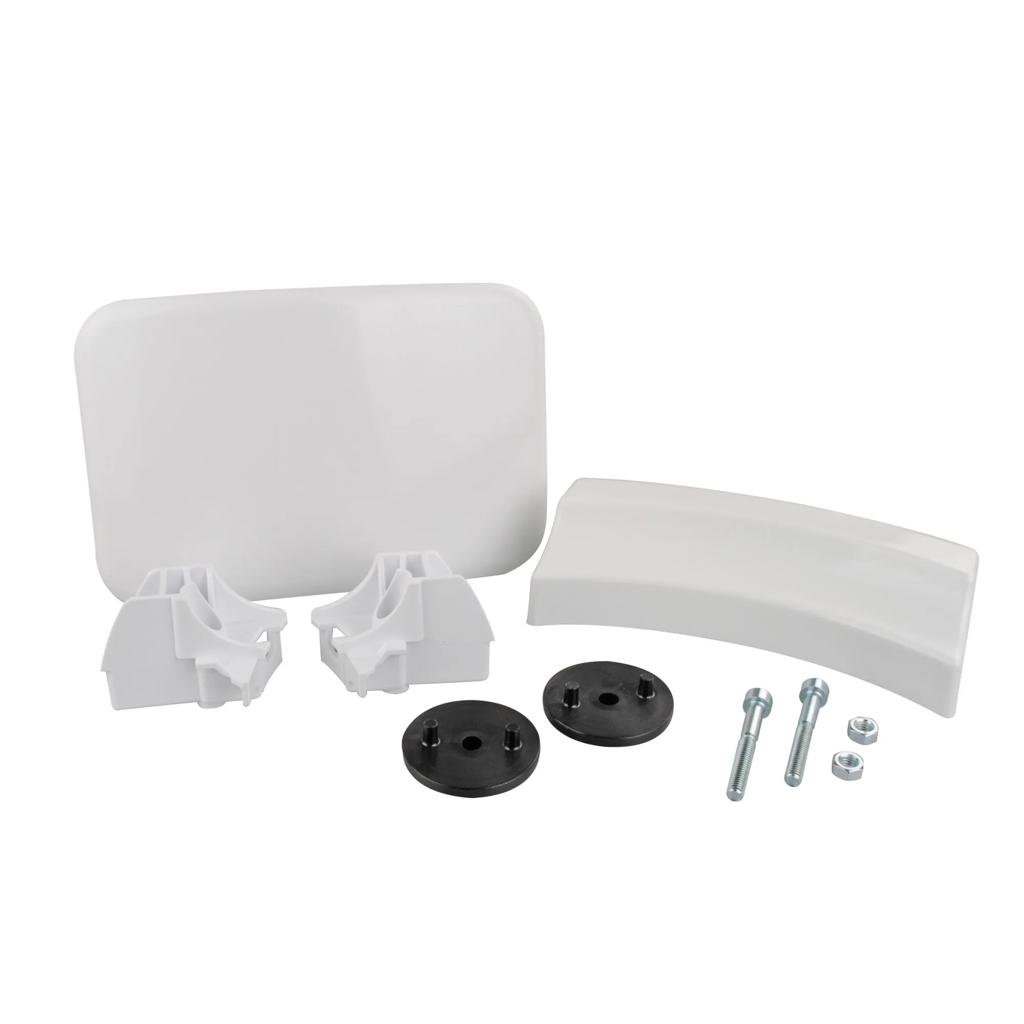 Weißes Montageset mit zwei Abdeckungen, zwei Halterungen, zwei schwarzen Montageplatten sowie Schrauben und Muttern