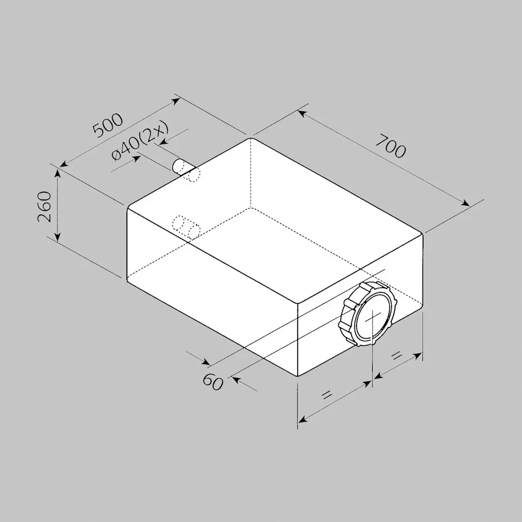 Isometrische Darstellung eines rechteckigen Abwassertanks 85 mit zwei Ø40 mm Öffnungen oben und Runddeckel; Maße 700 mm, 60 mm, 260 mm