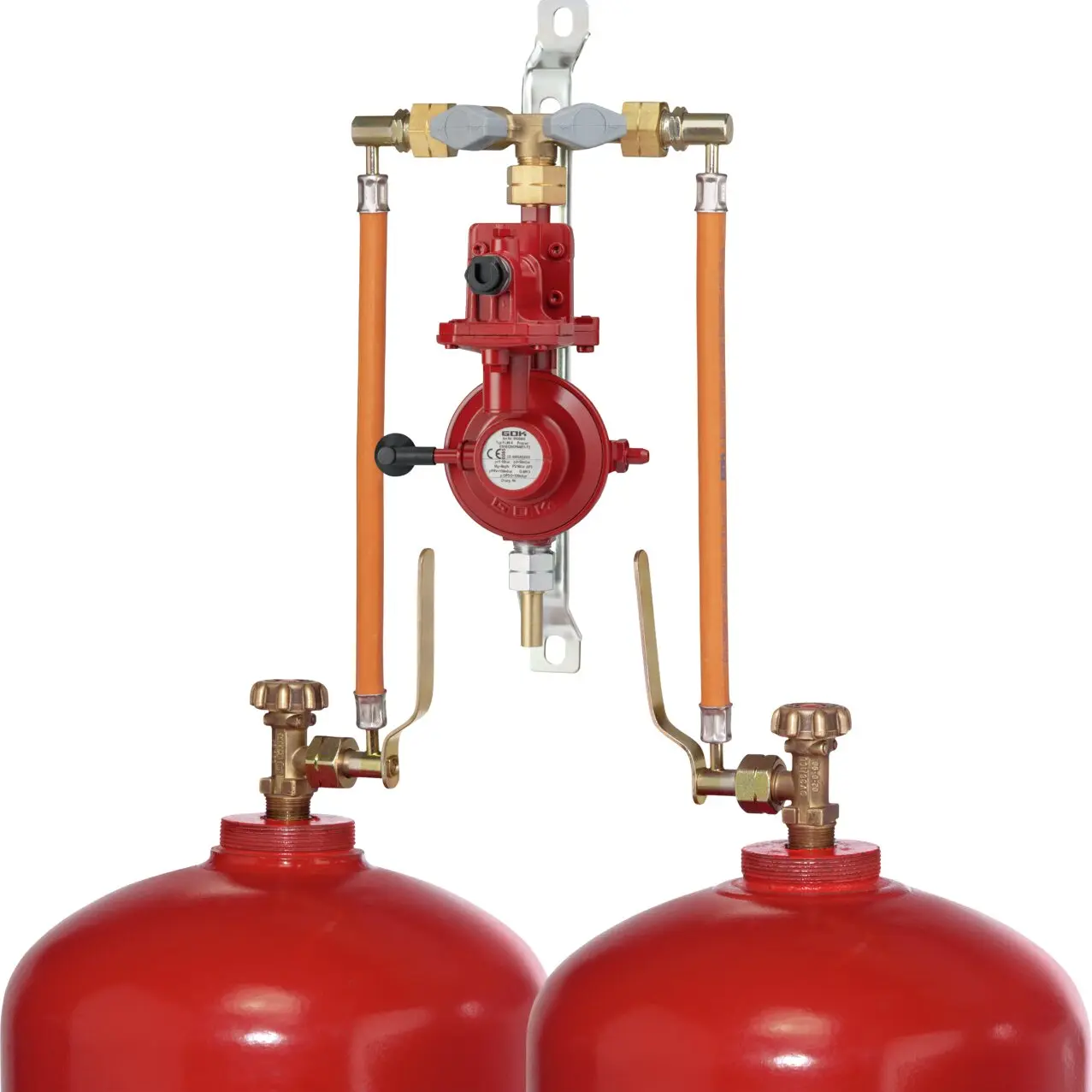 Rote 2-Flaschenanlage für Gasflaschen mit zwei orangefarbenen Schlauchleitungen und zentralem Druckregler