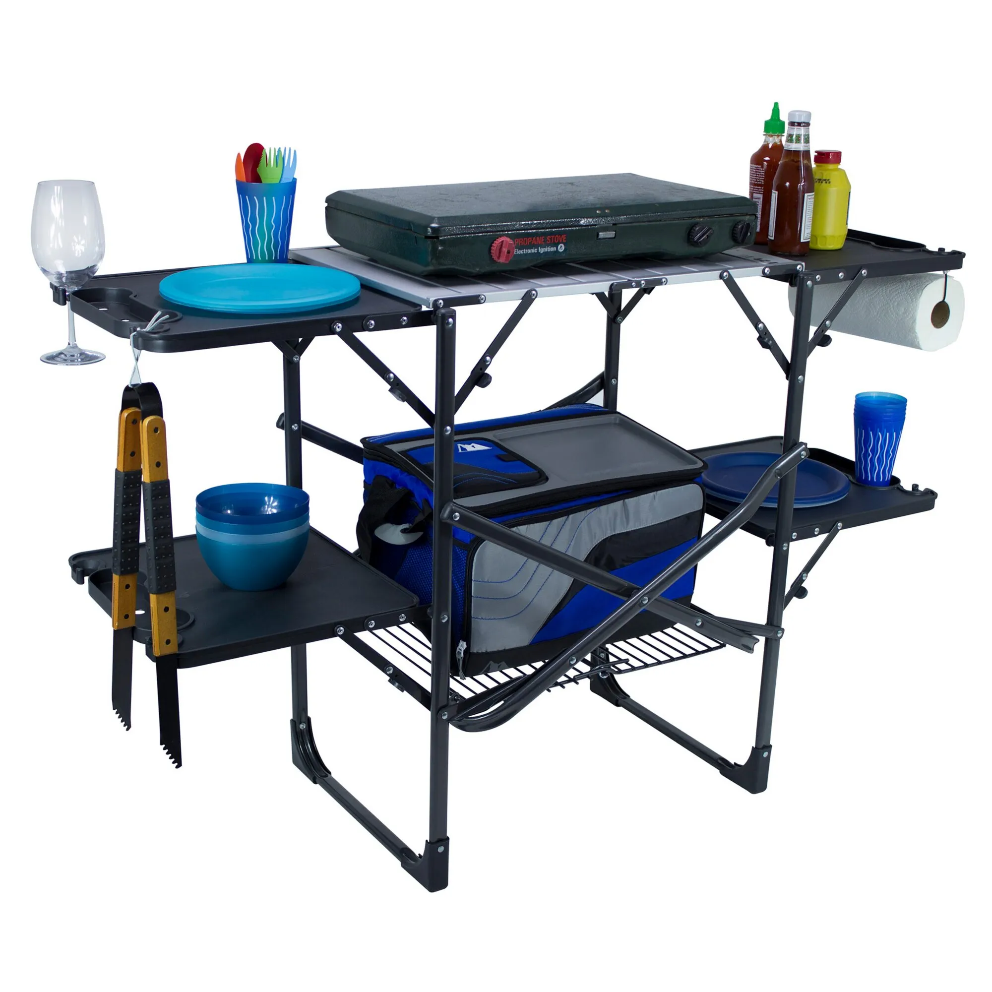 Aufgeklappte schwarze Campingküche Slim-Fold Cook Station™ mit Propangaskocher, Ablagen, Geschirr, Besteck, Kühlbox und Zubehör