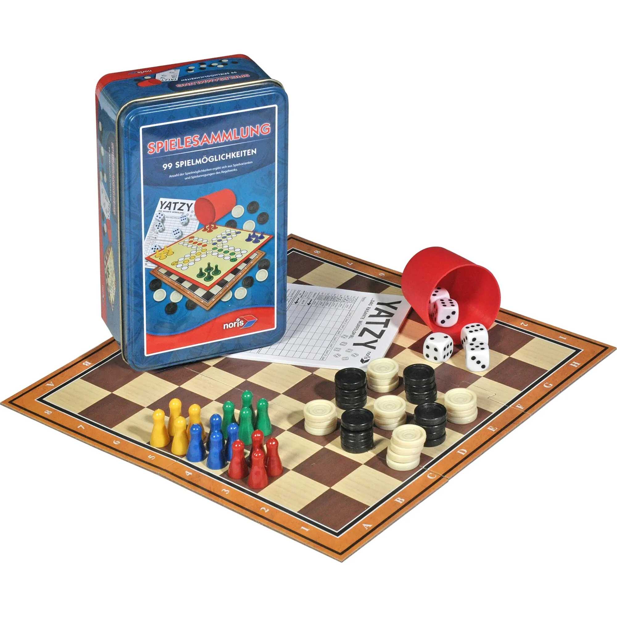 Blaue Metallbox „Spielesammlung“ von noris mit 99 Spielmöglichkeiten, Spielbrett, bunten Spielfiguren, Spielsteinen, Würfeln und Würfelbecher